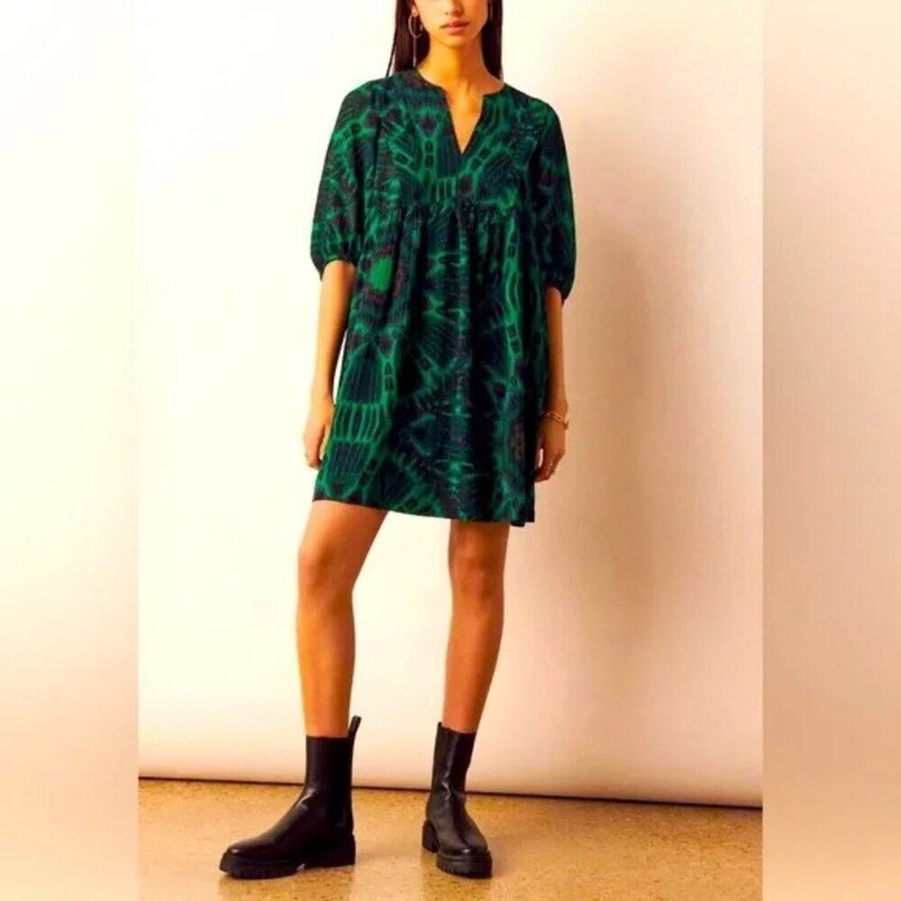 ba&sh Cleo Green Ikat Print V-Neck Puff Sleeve Mini Dress Size S Boho French